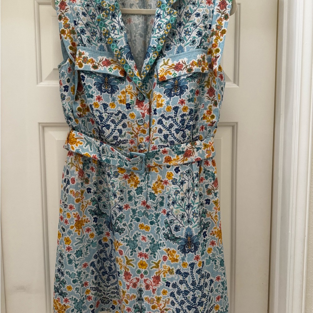 Ranna Gill Floral Belted Sleeveless Romper in Aqua Blue, Yellow & Green - Picture 2 of 14